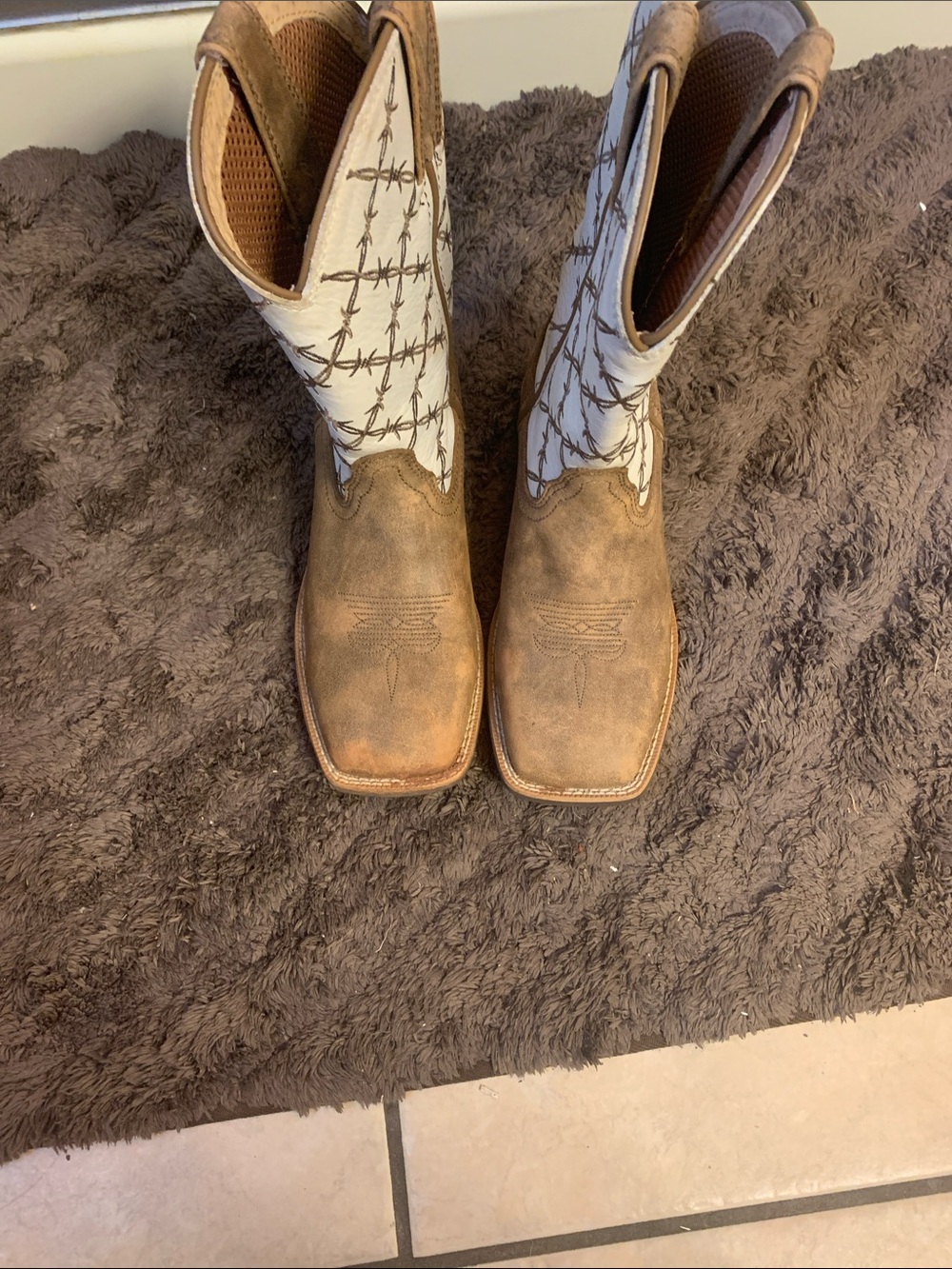 Brown Leather Cowboy Boots with White Barbed Wire Stitching